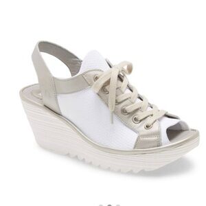 Fly London Yedu White Leather Wedges Sandals Shoes